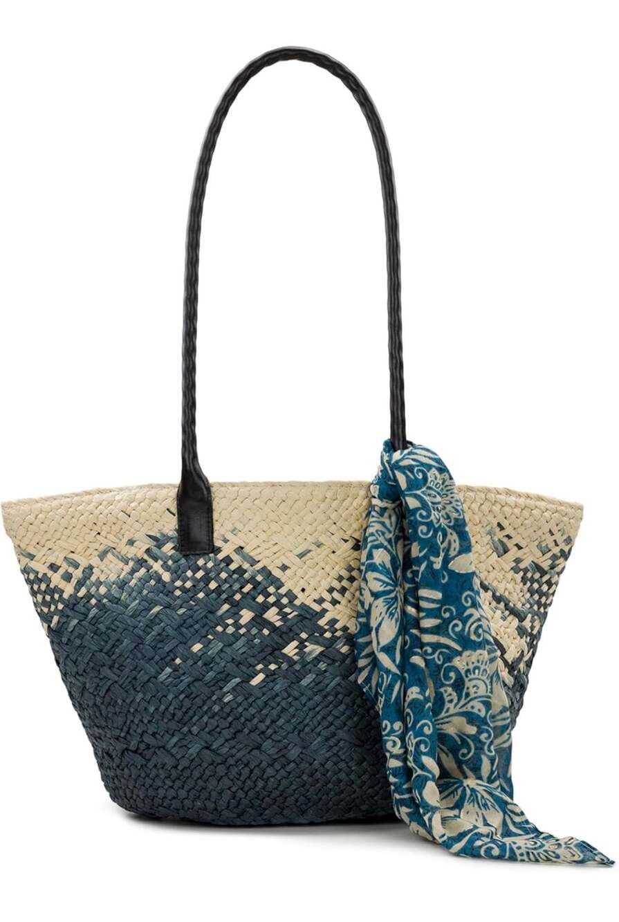 Patricia Nash Calypso Woven Tote W/Greek Floral Scarf, Navy/Natural 046